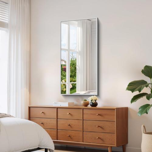 Silver 48x24 YIROMAN Bathroom Mirror 48x24, Large Brushed Silver Bathroom Mirror for Over Sink with Aluminum Frame, Rectangular Vanity Mirror with Right Angle, Wall Mirror Hangs Horizontal or Vertical