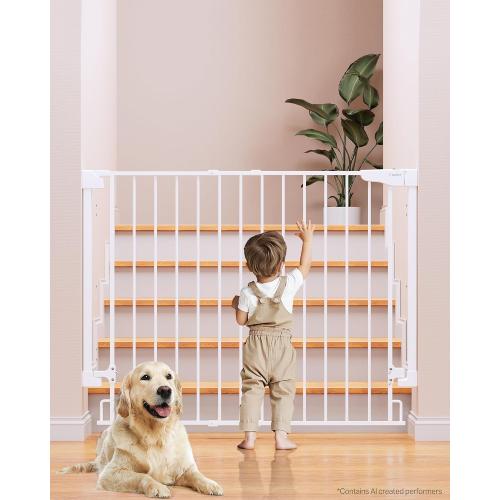 Cumbor 34 Extra Tall No Bottom Bar Baby Gate for Stairs, 29.2-43 Dog Gate | Hardware Mounted, Expandable Extra Tall Safety Gate for Larger Pets, Dual Lock Pet Proof, Easy Walk-Thru for Access (White)