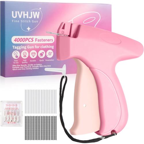 Color Pink Stitch Gun for Clothes, Mini Stitchy Sewing Gun, Handheld Tagging Gun for Quick Clothing Fixer, Includes 6 Needles, 2000 Black Fasteners, 2000 White Fasteners