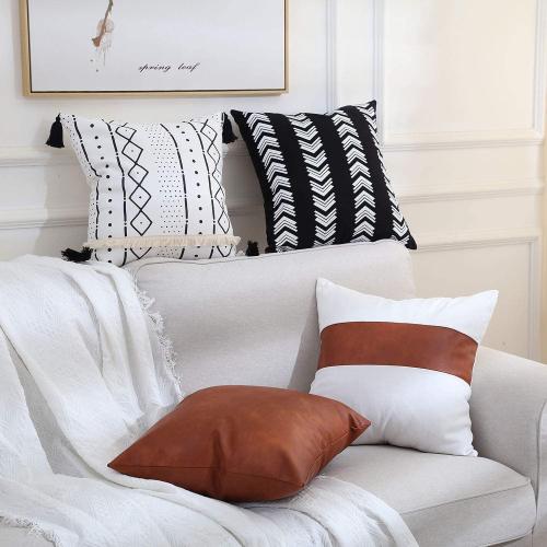 GALMAXS7 Boho Throw Pillow Covers 18 x 18 Set of 4 - Modern Stripe Geometric Farmhouse Decorative Pillow Cover Sets for Pillows - Couch Sofa Bed,Faux Leather Black and White Pillow Covers