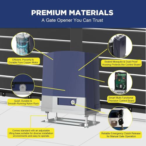 Automatic Sliding Gate Opener 1800lb with 370W Rack Drive Electric Gate Motor for Heavy Driveway Slide Gates with 2 Remote Controls, Infrared Sensor & Nylon Gear Rack