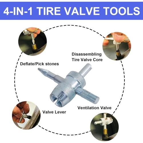 Quick Change Tire Valve Tool Kit,Tire Valve Stem Core Quickly Replacement Tool Kit,Perfect Tool for Replacing Leaky Valves in Cars,ATVs,Trucks,Motorcycles, etc.with 5 TR413 Valve,4-Way Valve Tool