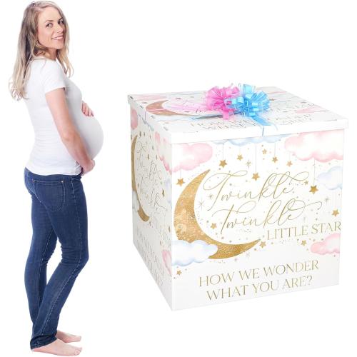 AmazingSpark 28in Giant Gender Reveal Gift Box with Lid Kit Oversized Gender Reveal Balloon Box Large Pull Bows for Baby Shower Birthday Party Decor(Twinkle Little Star)