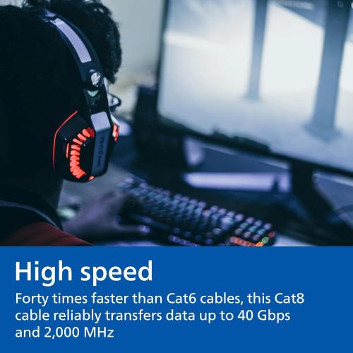 Philips Cat8 Ethernet Cable, Extra Long 7 Ft Cord, 40 Gbps, 2000Mhz, RJ45M Connector, S/FTP for Computer, Game Console, Cable/DSL Modem, Network Switch, Streaming Device, Gray, SWR3143GR/37