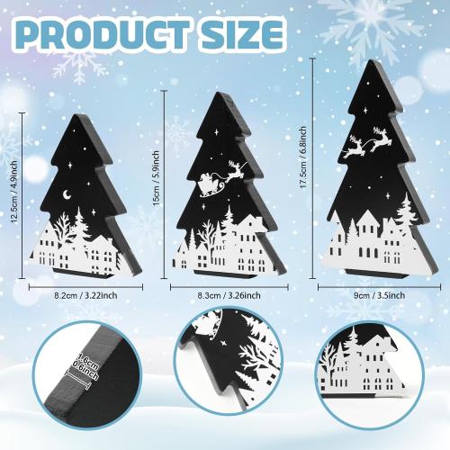 3 Pieces Christmas Tree Wooden Signs Black White Xmas Tiered Tray Decor for Christmas Home Tabletop Party Decor (Black)