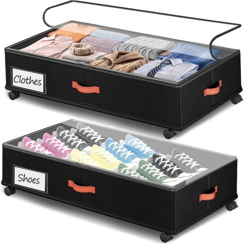 Under Bed Storage with Wheels 2-Pack, Under Bed Storage Containers 66L Clear Lids, Rolling Storage Drawers for Clothes Shoes Blankets, Underbed Organizer Bins(32 L x 17.3 W x 7.2 H)