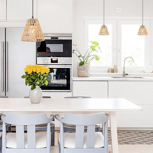 3-Pack Rattan Kitchen Island Pendant Light Fixtures, 9 Boho Farmhouse Hand-Woven Wicker Cone Hanging Ceiling Lights, Adjustable Height for Dining Room, Hallway EH66185P3