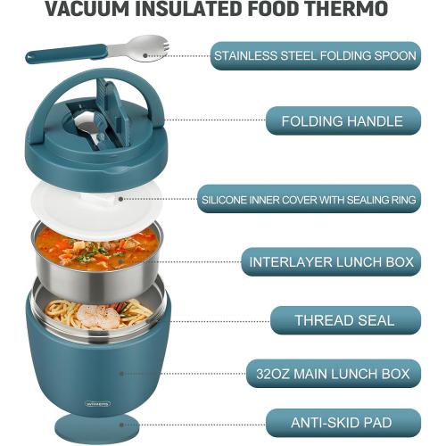 Thermo Food Jar for Hot Food Adults 32OZ Soup Thermo Lunch Containers Wide Mouth Vacuum Insulated Stainless Steel Leakproof Bento Box with Spoon (lake blue)