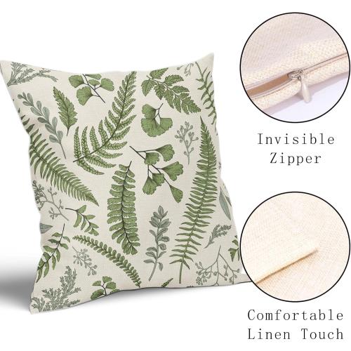 Sage Green Leaf Plant Pillow Covers 18X18 Inch Set of 2 Tropical Fern Herbs Botanical Leaves Floral Decorative Pillow Cases Vintage Cushion Case Farmhouse Home Decor For Couch Sofa Porch Outdoor