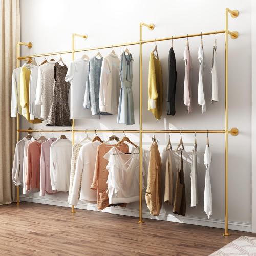 Industrial Pipe Clothing Rack, Heavy Duty Metal Clothes Rack with Double Rods for Hanging Clothes, Wall Mount Space-Saving Garment Display Rack (Three, Gold)