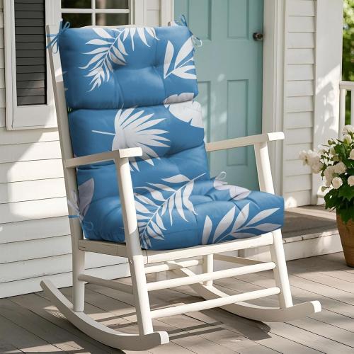 Rocking Chair Cushion, Waterproof Chairs Cushions for Adirondack Chairs Patio Couch High Back Thicked Cushions Outdoor and Indoor with Ties, Blue Leaf