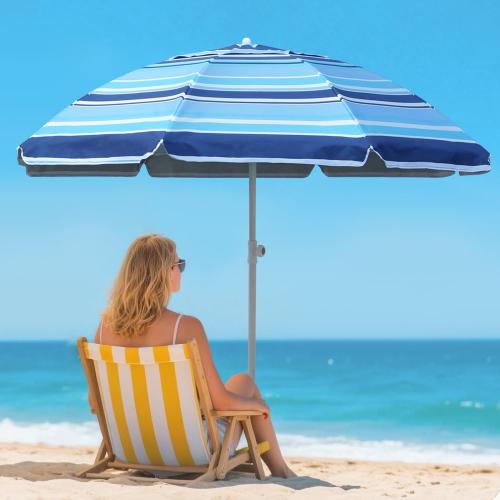 7ft Heavy Duty High Wind Beach Umbrella Parasols with sand anchor & Tilt Sun Shelter, UV 50  Protection Outdoor Sunshade Umbrellas Carry Bag for Patio Garden Pool Backyard Stripe Blue insert completely into the sand