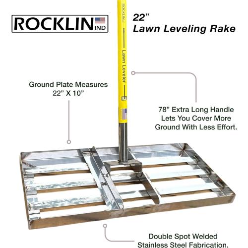 Rocklin™ Lawn Leveling Rake – 22” x 10” Stainless Steel Leveling Tool with 78” Handle | Smooth & Level Soil, Sand or Grass | Durable Leveling Tool for Lawn, Yard and Garden
