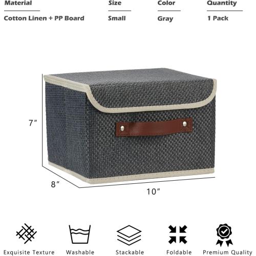 Storage Bins with Lid Fabric Storage Box Basket PU Leather Handle Textured Woven Cotton Linen Decorative Foldable Washable Shelf Closet Organizer Container (Flip-top Lid, Gray, Small)