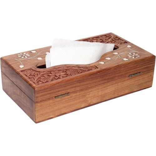 Wooden Tissue Box Cover, 9 x 5 Inch, Compatible with Pottery Barn Furniture and Decor, Anthropologie Furniture Style for Elegant Wooden Home Accessory (Carving White)