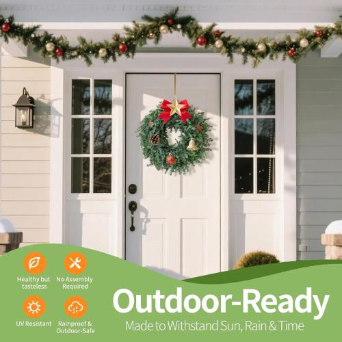 Outdoor Christmas Wreath – 24 Inch Artificial Cedar Wreath with Full Norfolk Pine Green Tips, Lush Wreath for Front Door, Walls, Windows, Porch, Farmhouse, Indoor Outdoor Holiday Decor