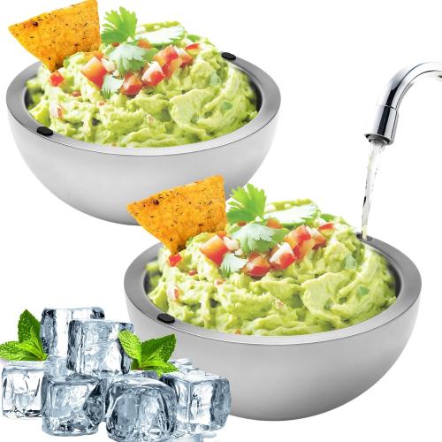 Dip Chiller Bowl - Large 35oz Capacity - Frozen Ice Stainless Steel Party Serving Bowl - Insulated Dip Dish Platter Keeps Salsa, Guacamole, Condiments, Sauces, Salad & Food Hot or Cold (2 Bowls)