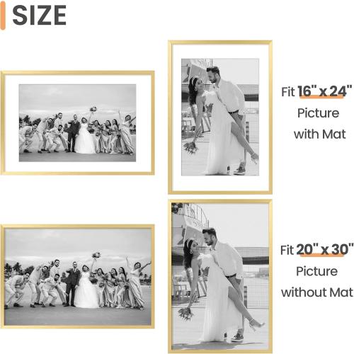 upsimples 20x30 Poster Frame, Display Pictures 16x24 with Mat or 20x30 Without Mat, Wall Hanging Picture Frame, Gold, 1 Pack