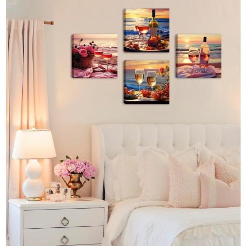 Kitchen Decor Dining Room Wall Art Wine Glass Still Life Fruit Goblet Canvas Prints Artwork Beach Sunset Landscape Romantic Poster Bar Restaurant Home Decoration Framed Ready to Hang 12X12X4 Panels
