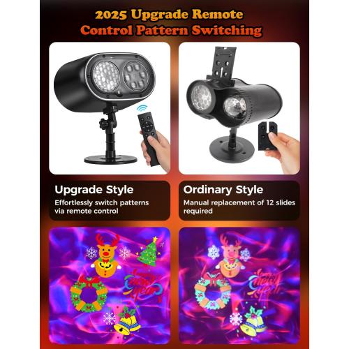 2025 Upgrade No Slides Christmas Projector Lights Outdoor, Holiday Projector Lights with 12 Dynamic Patterns & 7 LED Colors, Remote, Timer, IP65 Waterproof for Xmas Party Garden Yard Decor (Black)