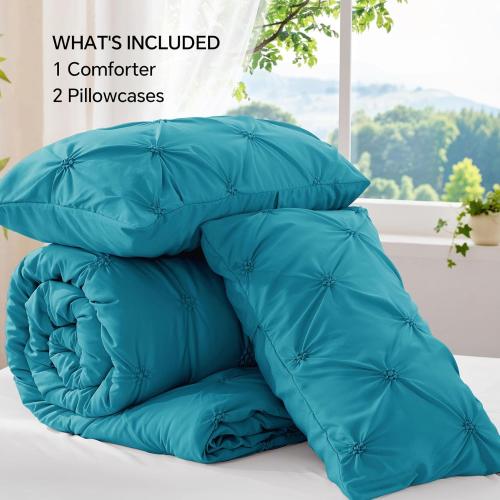 BEDELITE Teal King Size Comforter Set - 3 Pieces Boho Pintuck Bedding Comforter Sets, Lightweight Soft & Warm King Bedding Set with 2 Pillowcases for All Season