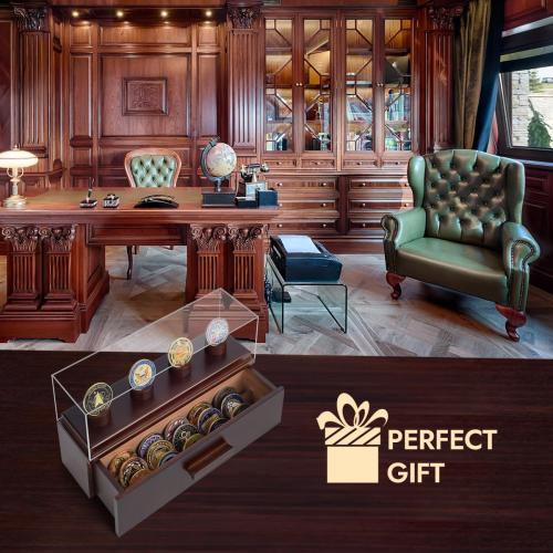 Challenge Coin Display Case, Military Coin Collection Holder with Wooden Coin Box, Drawers, and Clear Acrylic Lid – Gifts for Coins Collectors (4 Pillars)