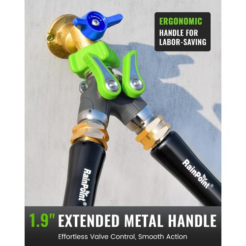 RAINPOINT 2 Way Garden Hose Splitter | Heavy Duty Water Spigot Splitter with Shutoff Valves, 100% Metal Body, 1.9 Extra Long Metal Handle, 3/4 GHT Thread