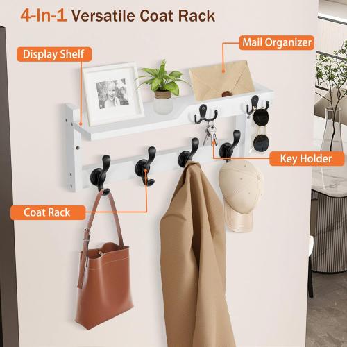 Coat Rack Wall Mount with Shelf, Coat Hanger Wall Mount with Key Hooks and Mail Holder, Wood Entryway Floating Shelf with Hooks and Storage, Hat Rack for Wall Key Holder Mail Organizer