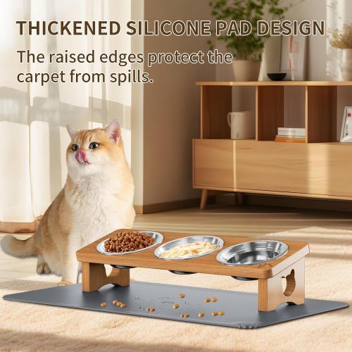 Elevated Cat Bowls with 3 Stainless Steel Bowls | 15° Tilted Anti-Vomiting Raised Cat Food Bowl with Solid Wood Stand and Silicone Pad for Cats and Small Pets Bowl(Warm Chestnut)