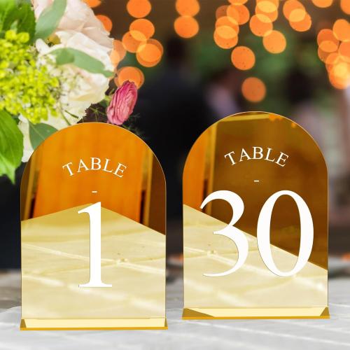 JOYIT Arch Wedding Table Numbers 1-30 with Stands – 5 X 7 Acrylic Mirrored Gold Table Number Holders, Perfect for Wedding Receptions, Parties, Anniversaries, and Events