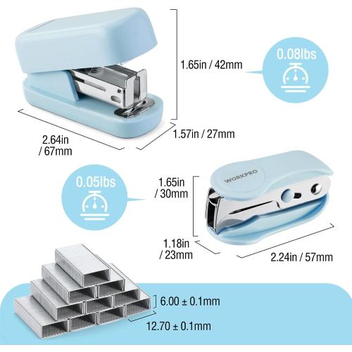 WORKPRO Mini Stapler with Staples, Blue Stapler Set Includes Two Small Staplers, One Staple Remover, 2000 Standard Staples, Lock Design, Non-Slip Base - Staplers for Desk, Classroom, Office