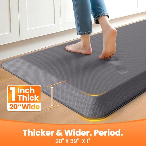 1-Inch Thick Anti-Fatigue Mat for Kitchen and Standing Desk, 20x39, Grey | Extra-thick cushioning, water-resistant surface, stain-resistant, easy to clean, non-slip bottom, kitchen floor, office