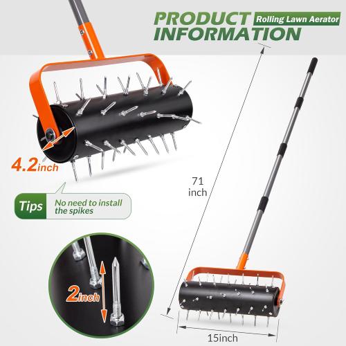 Walensee Rolling Lawn Aerator, Heavy Duty Manual Aerator Tool with 42 Spikes, Lawn Spike Aerator Roller with 71 Adjustable Handle, Soil Penetrator Push Lawn Aeration for Garden Yard Patio