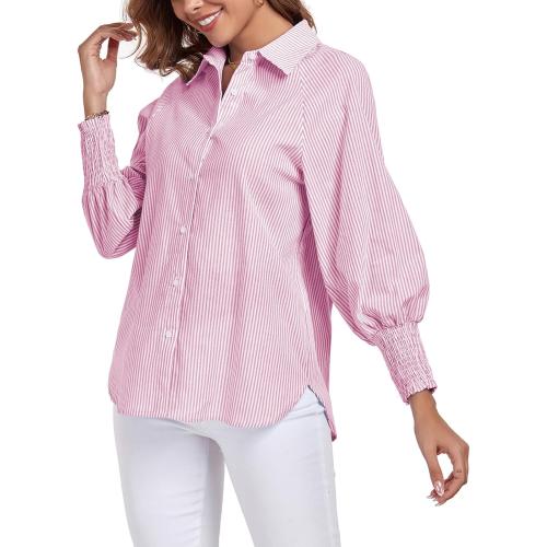Size L...Button Down Shirts Striped Puff Long Sleeve Oversized Blouses Boyfriend Loose Tunics Collar Top