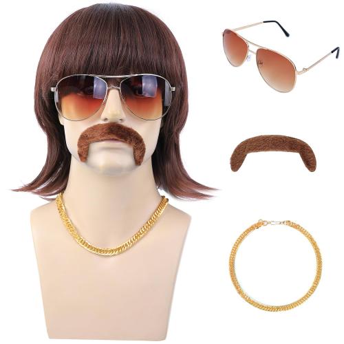 morvally 5pcs Set 70s 80s Disco Wig with Mustache Glasses and Chain | Short Brown Mens Mullet Wig for 60s Singer Rocker Hippies Costume Cosplay Halloween Party