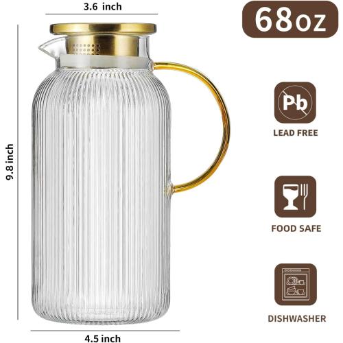 2 PACK Size 68oz Glass Pitcher with Lid, 68 oz/ 2 Liter Classic Vertical Stripes Water Pitcher with Yellow Handle,Glass Water Carafe for Cold Brew, Coffee, Lemonade, Iced Sun Tea,Beverage,Heat Resistant