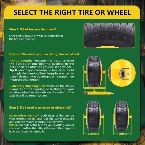 16x6.50-8 tire and wheel Flat Free Assemblies (2 Pack), Lawn Mower Tires with Rim, Solid Rubber Riding Lawn Mower Tires and Wheels,3 Offset Hub,3/4 Bushings,16x6.5-8 Tractor Turf Tire