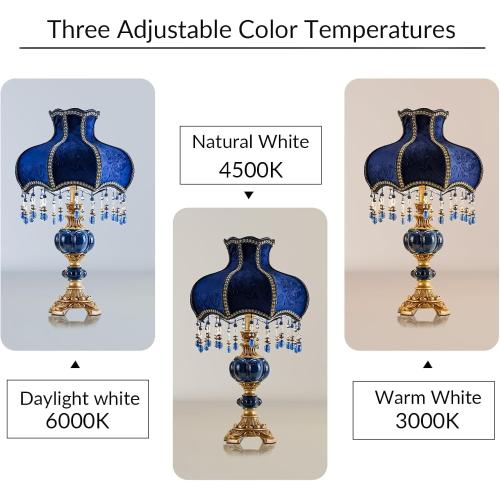 European Style Table Lamp with Fabric Lampshade Hand-Made Antique Varnished Resin Lampbody Victorian Style Table Lamp for Living Room Bedroom(Blue)