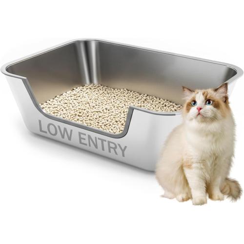 Stainless Steel Cat Litter Box with Low Entry,Litter Pan for Big Kitty and Multiple Cats,Easy to Clean,Non-Stick,Odor-Free,Suitable for Kittens,Senior Cats and Injured Pets,23.6x15.7x5.9