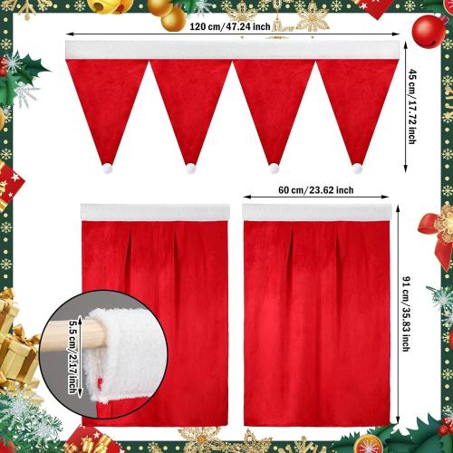 Christmas Kitchen Curtains Valances Set 3pcs Red Kitchen Window Curtains Valances Santa Hats Short Window Drapes Rod Pocket Cafe Tier Curtain Panels for Bathroom Home Living Room Xmas Decorations
