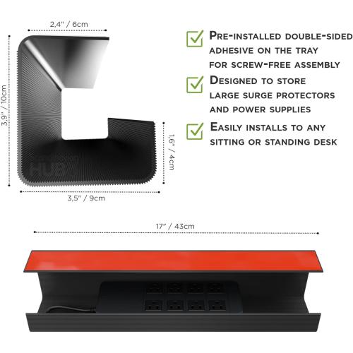 No-Screw Under Desk Cable Management Tray - Self-Adhesive Installation, Cord Management, Cable Tray, Under Desk Wire Organizer - ** White** Set of 2