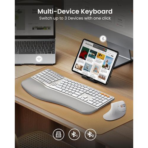 ProtoArc Backlit Bluetooth Ergonomic Keyboard, EK01 Plus Full Size Wireless Split Keyboard with Dual Bluetooth and USB, Cushioned Wrist Rest, Rechargeable, for Windows/Mac/Android, White and Silver