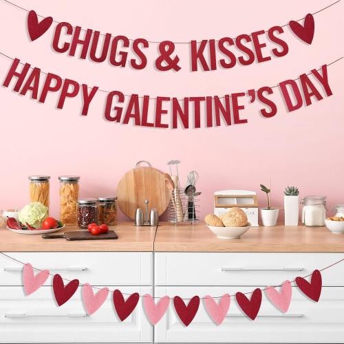 Epakh Happy Galentines Day Banner Chugs and Kisses Banner with Red Pink Glittery Heart Garland Romantic Galentines Day Party Decorations Hug Kiss Love Anniversary Valentines Party Supplies
