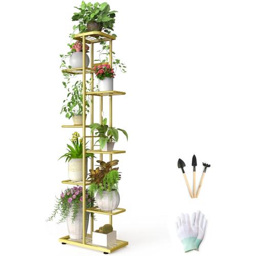 Gold 8 Tier 9 Potted Gold Plant Stand Indoor with Gardening Tools and Gloves, Tall Metal Corner Plant Shelf Organizer Outdoor, Multiple Flower Pot Holder Display Rack for Patio, Garden, Balcony
