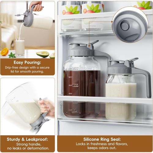 MOMCOZY Milk Pitcher Jug - 32 oz Glass Mason Jar Airtight Pitcher with Pour Spout Handle for Breastmilk, Iced Tea, Ice Drinks Storage Container