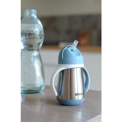 Beaba Stainless Steel Straw Sippy Cup, Insulated Toddler Cups Spill Proof with Removable Handles, Made with High Grade Stainless Steel, 8  months, 8.5 oz (Rain)