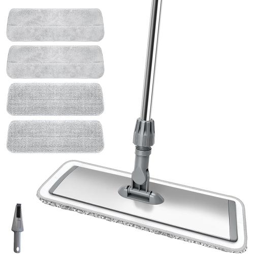 17.7 Microfiber Mop for Floor Cleaning, 59in Long Adjustable Handle, 360° Rotating Large Flat Mops, 4 Washable Pads for Dry & Wet Cleaning for Hardwood, Vinyl, Laminate, Grey