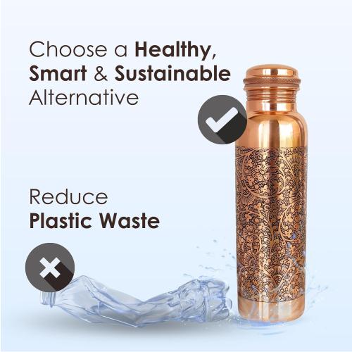 34oz Aquatic DARK EMBOSSED Ayurvedic Copper Water Bottle 34oz - Pure Copper Bottle for Sports, Fitness, Yoga - Natural Health Benefits - Made in India