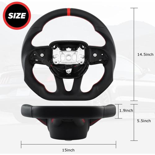 LOSCHEN Full Leather Steering Wheel for Dodge Upgrade D-shaped Flat-bottom Perforated Leather Steering Wheel with Heating for Dodge/Jeep Grand Cherokee/SXT/GT/RT/SRT/HELLCAT