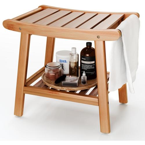Bamboo Shower Bench for Inside Shower to Sit on,Waterproof Shower Stool for Shaving Legs,Spa Bathroom Shower Chair with Storage Shelf, Bathroom Bench Seat for Senior Adult Disabled Elderly
